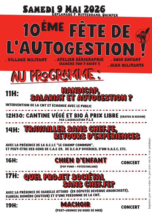 Le programme de la fête:
11h handicap salariat et autogestion
12h30 cantine bio et végé par PLS, à prix libre
14h Travailler sans Chef.fes - retour d'experiences
16H chien d'Enfant - Concert
17h Quel projet sociétal sans chef.fe?
19h Machoire - concert